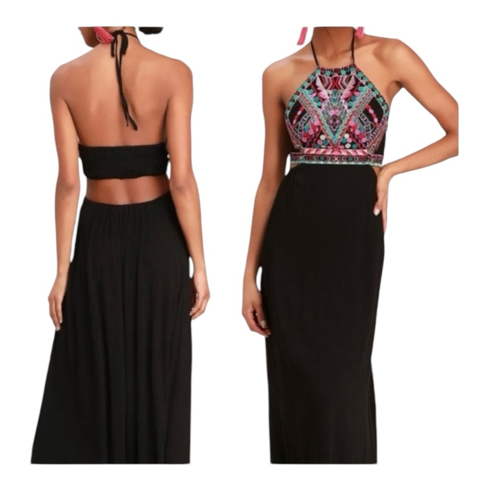Lulus Little Beach Black Long Maxi Halter Top Colorful‎ Embroidered sz Large